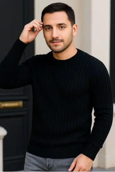 Erkek Fitilli Triko Kazak 2’li Set Siyah Gri Kalın Dokuma Pamuklu Regular Fit Bisiklet Erkek Fitilli Triko Kazak 2’li Set Siyah Gri Kalın Dokuma Pamuklu Regular Fit Bisiklet