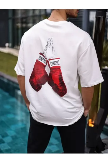 Erkek Kısa Kol Tişört Bisiklet Yaka Boxy Eldiven Baskılı T-Shirt - Beyaz Erkek Kısa Kol Tişört Bisiklet Yaka Boxy Eldiven Baskılı T-Shirt - Beyaz