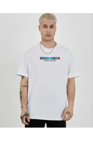 Erkek Kısa Kol Yazlık Tişört Bisiklet Yaka Baskılı Oversize T-Shirt - Beyaz