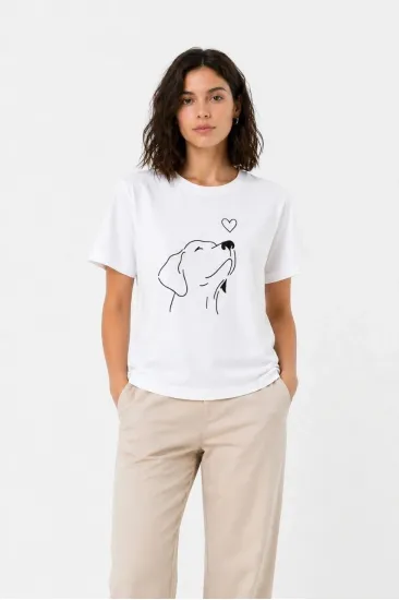 Kadın Köpek Figürlü Minimal Baskılı Tişört Kısa Kol Yazlık T-Shirt - Beyaz