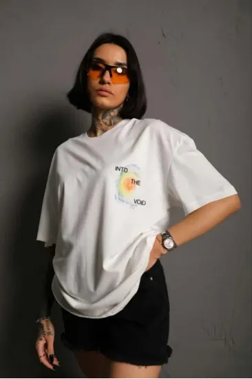 kadın Bisiklet Yaka Baskılı Oversize Kısa kol T-Shirt - Beyaz kadın Bisiklet Yaka Baskılı Oversize Kısa kol T-Shirt - Beyaz