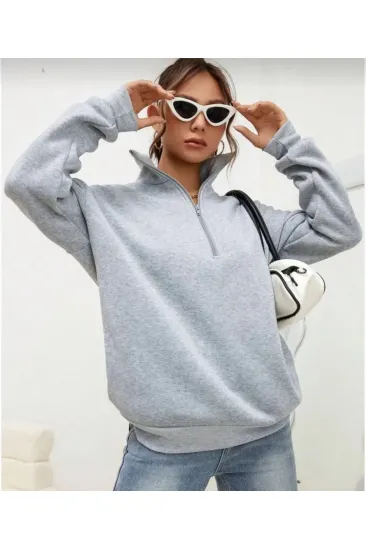 Kadın 3 iplik Pamuklu Uzun Kol Yarım Farmuarlı Yakalı  SweatShirt - Gri