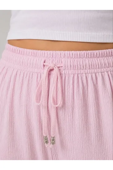 Kadın Battal Beden Bürümcük Kumaş Beli Lastikli Bağcıklı Bol Paça Palazzo Pantolon - Pembe