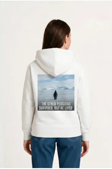 Kadın 3 İplik Pamuklu Kapüşonlu Hoodie Sweatshirt Survivor Penguen Baskılı - Beyaz Kadın 3 İplik Pamuklu Kapüşonlu Hoodie Sweatshirt Survivor Penguen Baskılı - Beyaz
