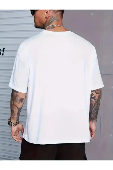 Erkek Baskılı Tişört Kısa Kol Bisiklet Yaka Oversize T-Shirt - Beyaz