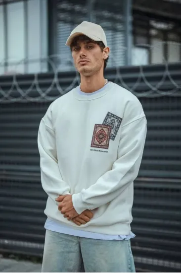 Erkek 3 iplik pamuklu Bisiklet Yaka Baskılı SweatShirt - Beyaz Erkek 3 iplik pamuklu Bisiklet Yaka Baskılı SweatShirt - Beyaz