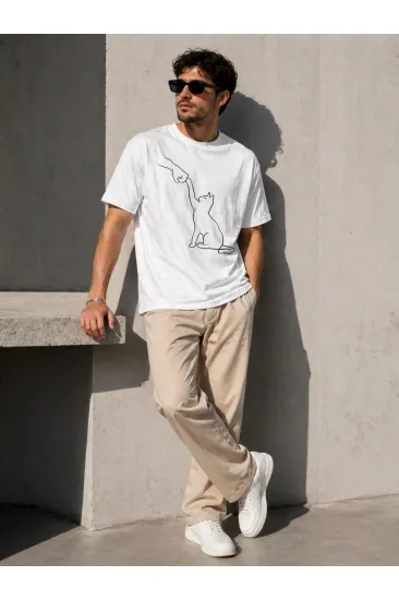 Erkek Minimal Kedi Çizim Baskılı Tişört Kısa Kol Yazlık T-Shirt - Beyaz Erkek Minimal Kedi Çizim Baskılı Tişört Kısa Kol Yazlık T-Shirt - Beyaz