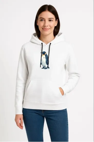 Kadın 3 İplik Pamuklu Kapüşonlu Hoodie Sweatshirt Survivor Penguen Baskılı - Beyaz Kadın 3 İplik Pamuklu Kapüşonlu Hoodie Sweatshirt Survivor Penguen Baskılı - Beyaz