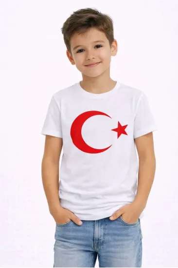 Erkek Çocuk Tişört Bisiklet Yaka Ay Yıldız Bayrak Baskılı T-Shirt - Beyaz Erkek Çocuk Tişört Bisiklet Yaka Ay Yıldız Bayrak Baskılı T-Shirt - Beyaz