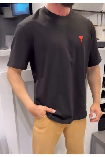 Erkek Kısa Kol Tişört Bisiklet Yaka KALP Baskılı Oversize T-Shirt - Siyah
