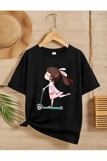 Kız Çocuk Bisiklet Yaka Baskılı T-Shirt - Siyah