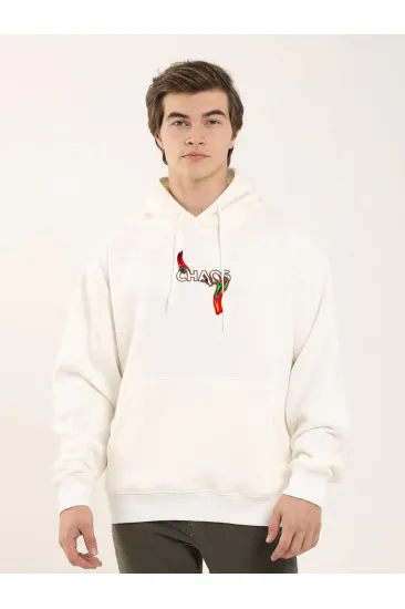 Erkek 3 İplik Pamuklu Kapüşonlu Baskılı Cepli Oversize Sweatshirt Hoodie - Beyaz