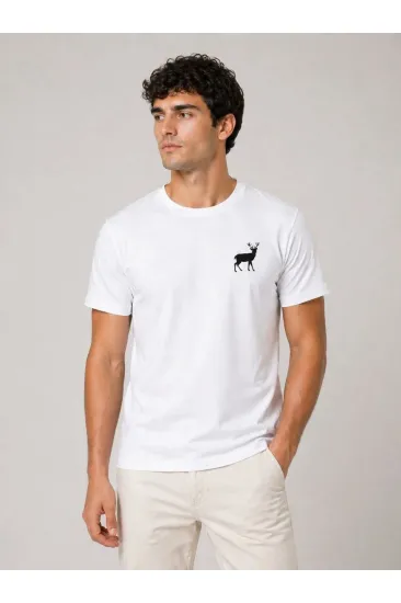 Erkek Minimal Geyik Logolu Tişört Bisiklet Yaka Kısa kol Yazlık T-Shirt - Beyaz