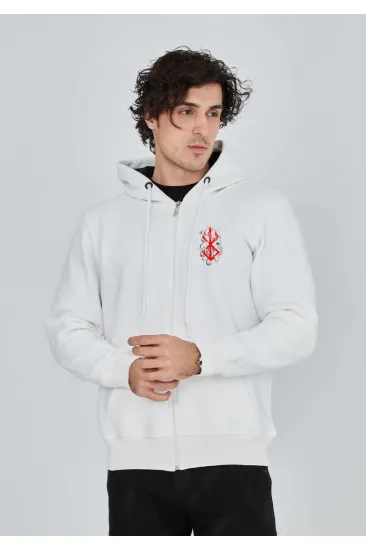 Erkek 3 İplik Pamuklu Kapüşonlu Tam Fermuarlı Cepli Hoodie Sweatshirt - Beyaz