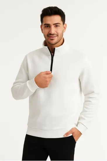 Erkek Dik Yaka Yarım Fermuarlı 3 İplik Pamuklu Sweatshirt - Beyaz Erkek Dik Yaka Yarım Fermuarlı 3 İplik Pamuklu Sweatshirt - Beyaz