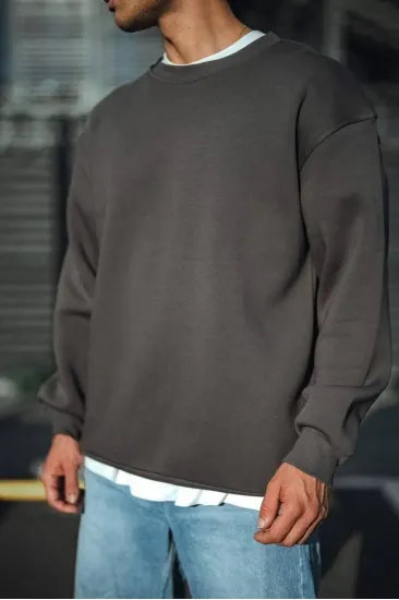 Erkek Bisiklet Yaka 3 iplik Pamuklu Basic SweatShirt  - Antrasit