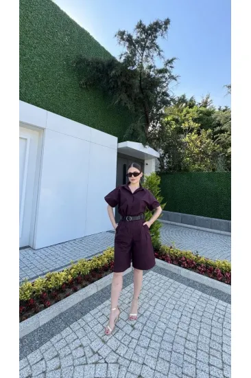 Kadın Yakalı Gömlek Kemerli Şortlu Alt-Üst Takım - Bordo Kadın Yakalı Gömlek Kemerli Şortlu Alt-Üst Takım - Bordo