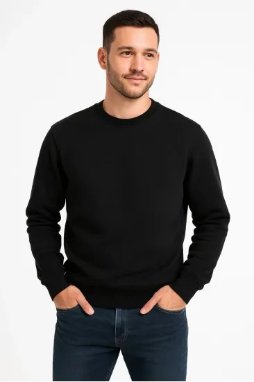 Erkek 3 İplik Pamuklu Düz Bisiklet Yaka SweatShirt - Siyah Erkek 3 İplik Pamuklu Düz Bisiklet Yaka SweatShirt - Siyah