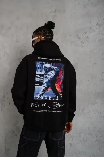 Erkek 3 İplik Pamuklu Kapüşonlu Baskılı Cepli Oversize Sweatshirt Hoodie - Siyah Erkek 3 İplik Pamuklu Kapüşonlu Baskılı Cepli Oversize Sweatshirt Hoodie - Siyah