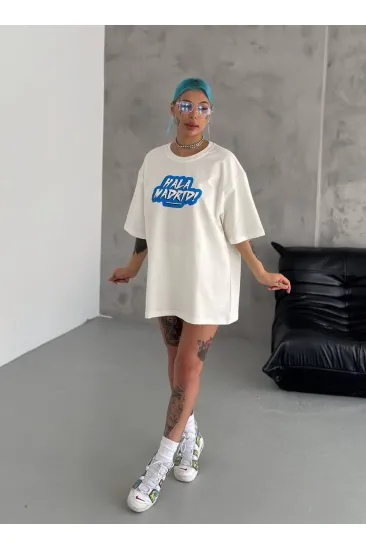 Kadın Kısa Kol Yazlık Tişört Bisiklet Yaka Baskılı Oversize T-Shirt - Beyaz Kadın Kısa Kol Yazlık Tişört Bisiklet Yaka Baskılı Oversize T-Shirt - Beyaz