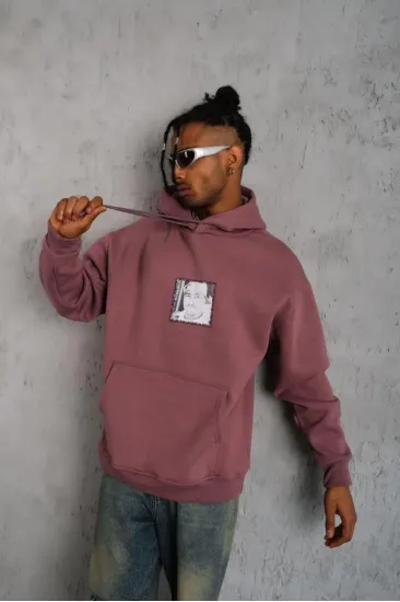 Erkek 3 İplik Pamuklu Kapüşonlu Baskılı Cepli Sweatshirt Hoodie - Gül Kurusu Erkek 3 İplik Pamuklu Kapüşonlu Baskılı Cepli Sweatshirt Hoodie - Gül Kurusu