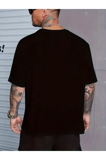 Erkek Baskılı Tişört Kısa Kol Bisiklet Yaka Oversize T-Shirt - Siyah