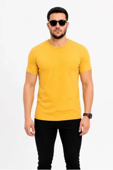 Erkek Basic Tişört Bisiklet Yaka Kısa Kol Günlük Yazlık Slim fit T-Shirt - Sarı