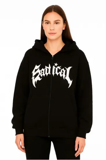 Kadın Kapüşonlu 3 İplik Şardonlu Önü Baskılı Fermuarlı Oversize Sweatshirt - Siyah Kadın Kapüşonlu 3 İplik Şardonlu Önü Baskılı Fermuarlı Oversize Sweatshirt - Siyah