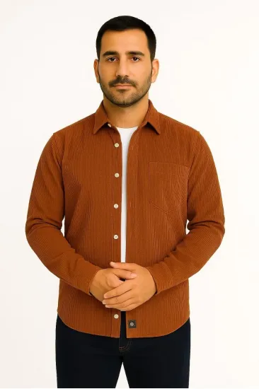 Erkek Fitilli Kadife Cepli Gömlek Oversize Rahat Kalıp - Kahverengi Erkek Fitilli Kadife Cepli Gömlek Oversize Rahat Kalıp - Kahverengi