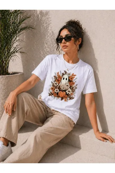 Kadın Balkabağı Hayalet Baskılı Tişört Kısa Kol Yazlık T-Shirt - Beyaz Kadın Balkabağı Hayalet Baskılı Tişört Kısa Kol Yazlık T-Shirt - Beyaz