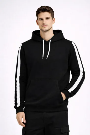 Erkek Şeritli Kapüşonlu Sweatshirt Oversize 3 iplik Pamuklu Hoodie - Siyah Erkek Şeritli Kapüşonlu Sweatshirt Oversize 3 iplik Pamuklu Hoodie - Siyah