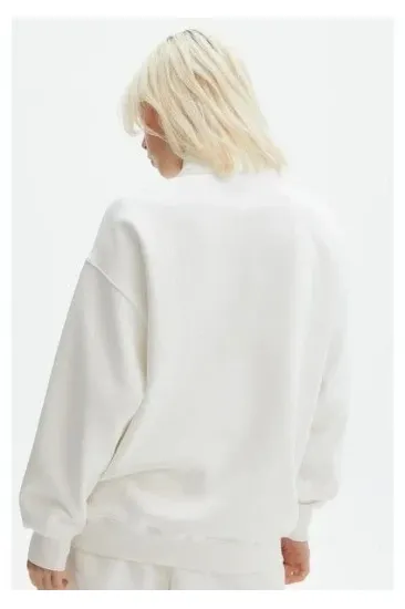 Kadın 3 İplik Pamuklu Oversize Yarım Fermuarlı Yakalı Basic Sweatshirt - Beyaz