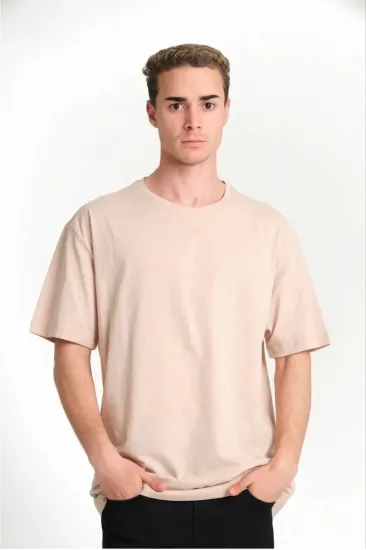 ERKEK Düz Tişört Bisikilet Yaka Kısa Kol Oversize T-shirt - Bej ERKEK Düz Tişört Bisikilet Yaka Kısa Kol Oversize T-shirt - Bej
