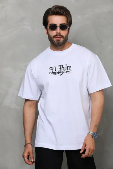 Erkek Kısa Kol Yazlık Tişört Bisiklet Yaka Baskılı Oversize T-Shirt - Beyaz