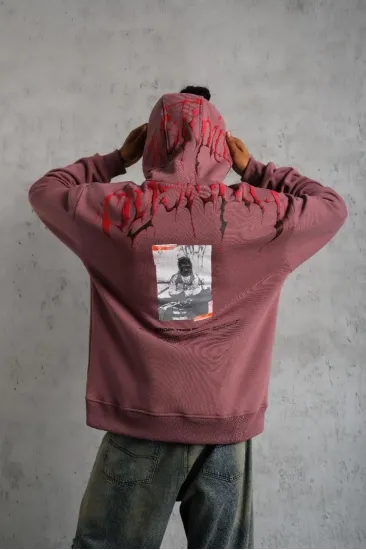 Erkek 3 İplik Pamuklu Baskılı Kapüşonlu Cepli Sweatshirt Hoodie - Gül Kurusu Erkek 3 İplik Pamuklu Baskılı Kapüşonlu Cepli Sweatshirt Hoodie - Gül Kurusu