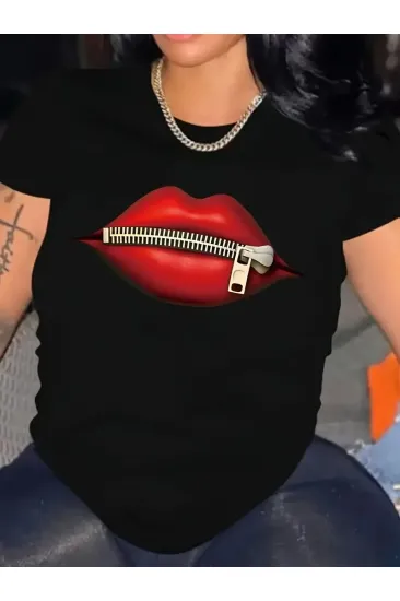Kadın Kısa Kol Yazlık Tişört Bisiklet Yaka Dudak Baskılı T-Shirt - Siyah