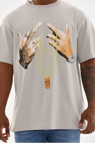 Erkek Baskılı T-Shirt Kısa Kol Bisiklet Yaka Rahat Kalıp Tişört - Gri