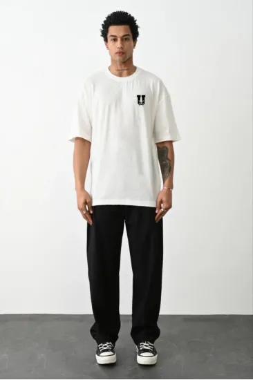 Erkek Kısa Kol Yazlık Tişört Bisiklet Yaka Baskılı Oversize T-Shirt - Beyaz