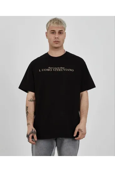ERKEK Bisiklet Yaka Tişort Baskılı Oversize kısa kol T-Shirt - Siyah