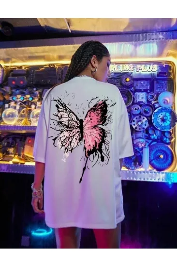 Kadın Tişört Kelebek Baskılı Oversize Kısa Kol T-Shirt - Beyaz