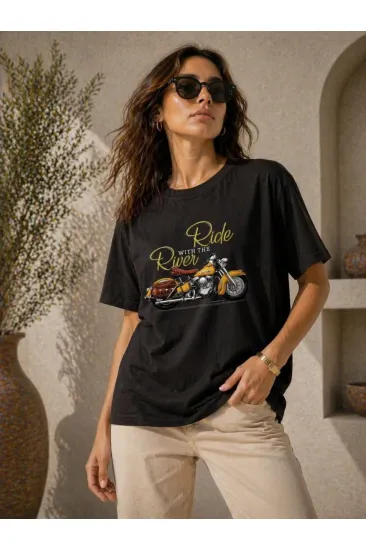 Kadın Motosiklet Baskılı Tişört Bisiklet Yaka Kısa Kol Yazlık T-Shirt - Siyah Kadın Motosiklet Baskılı Tişört Bisiklet Yaka Kısa Kol Yazlık T-Shirt - Siyah