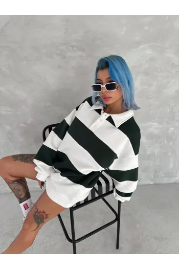 Kadın 3 iplik Pamuklu Parçalı Yakalı SweatShirt - Yeşil