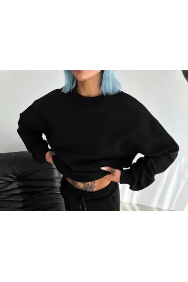 Kadın Bisiklet Yaka 3 İplik Pamuklu Basic SweatShirt - Siyah Kadın Bisiklet Yaka 3 İplik Pamuklu Basic SweatShirt - Siyah
