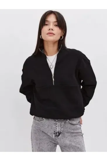 Kadın 3 İplik Pamuklu Oversize Yarım Fermuarlı Yakalı Basic Sweatshirt - Siyah Kadın 3 İplik Pamuklu Oversize Yarım Fermuarlı Yakalı Basic Sweatshirt - Siyah