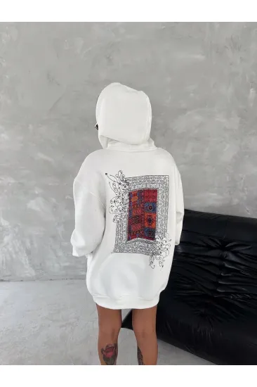 Kadın Kapüşonlu Kanguru Cepli Sweatshirt 3 İplik Pamuklu Baskılı Hoodie - Beyaz