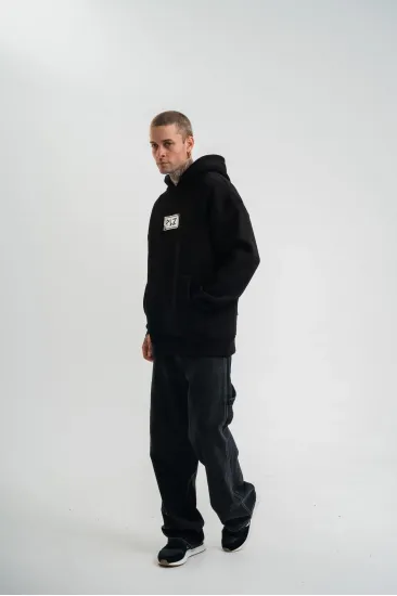ERKEK 3 İplik Pamuklu Kapüşonlu Patchli Nakışlı Hoodie SweatShirt - Siyah