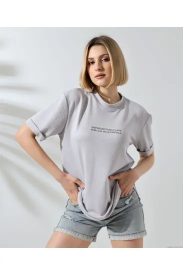 Kadın Bisiklet Yaka Baskılı Slim Fit T-Shirt - Boyalı Gri Kadın Bisiklet Yaka Baskılı Slim Fit T-Shirt - Boyalı Gri