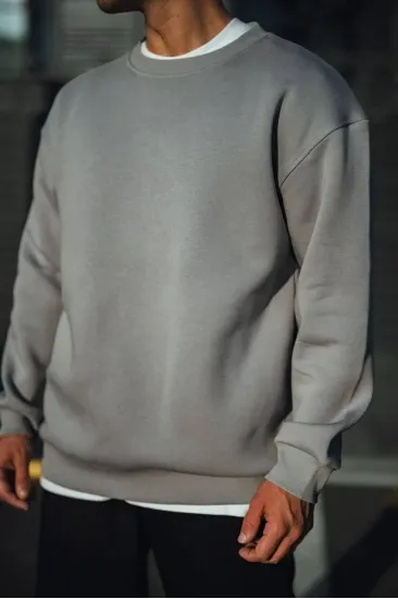 Erkek Bisiklet Yaka 3 İplik pamuklu Basic SweatShirt - Boyalı Gri