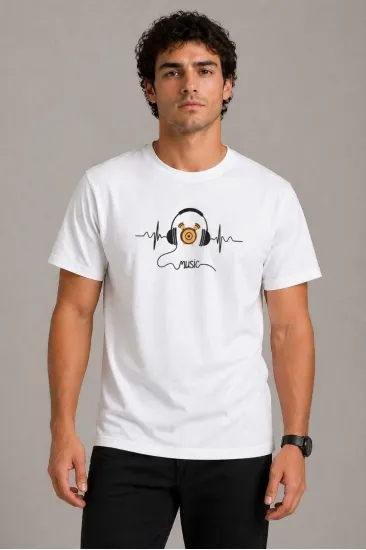 Erkek Müzik Temalı Baskılı Tişört Bisiklet Yaka Kısa Kol T-Shirt - Beyaz Erkek Müzik Temalı Baskılı Tişört Bisiklet Yaka Kısa Kol T-Shirt - Beyaz