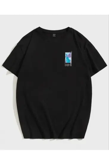 Kadın Baskılı T-Shirt Kısa Kol Bisiklet Yaka Oversize Rahat Kalıp Tişört - Siyah